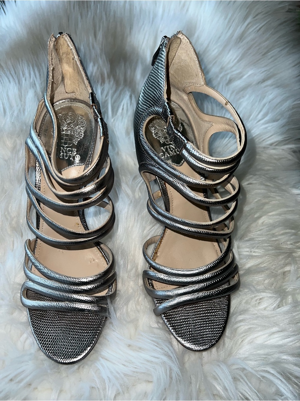 Vince Camuto Metallic Silver Strappy High Heel Sandals